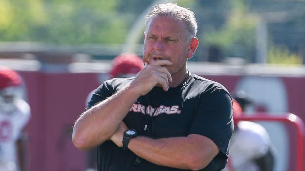 Razorbacks coach Sam Pittman at practice Tuesday on the outdoor fields